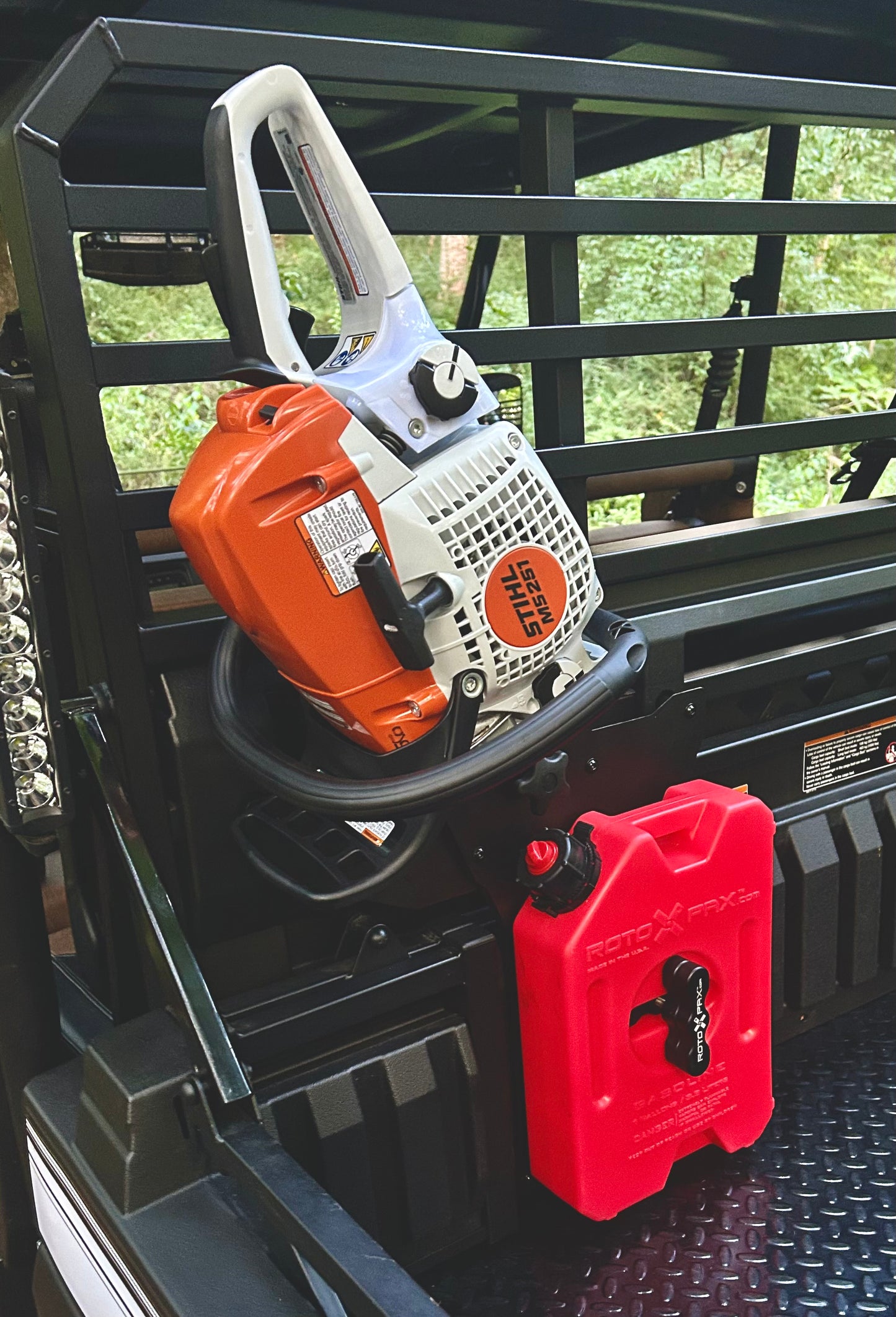 Kawasaki Mule Pro Headache Rack Chainsaw Mount w/ RotoPax Option - Driver’s Side